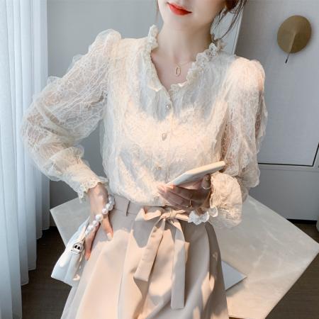 FA51099# 春装新款蕾丝衬衫女法式洋气长袖雪纺上衣V领气质衬衫 服裝批發女裝批發服飾貨源
