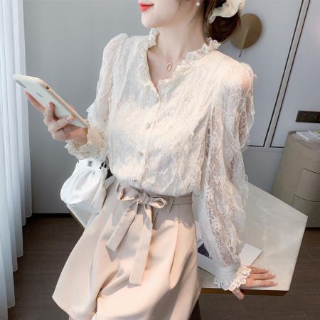 FA51099# 春装新款蕾丝衬衫女法式洋气长袖雪纺上衣V领气质衬衫 服裝批發女裝批發服飾貨源