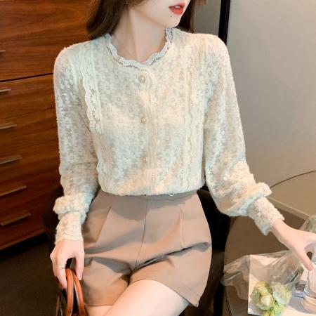 FA51100# 春装新款蕾丝衫花边灯笼袖长袖衬衫洋气打底衫通勤上衣 服裝批發女裝批發服飾貨源