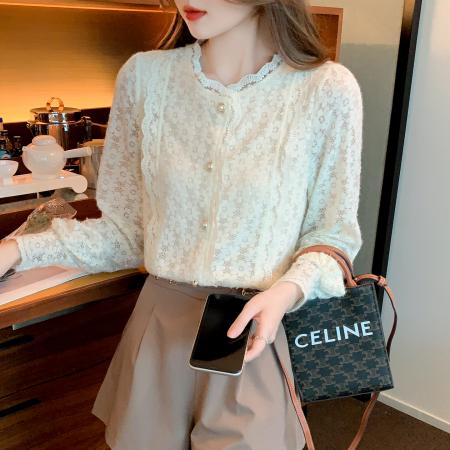 FA51100# 春装新款蕾丝衫花边灯笼袖长袖衬衫洋气打底衫通勤上衣 服裝批發女裝批發服飾貨源