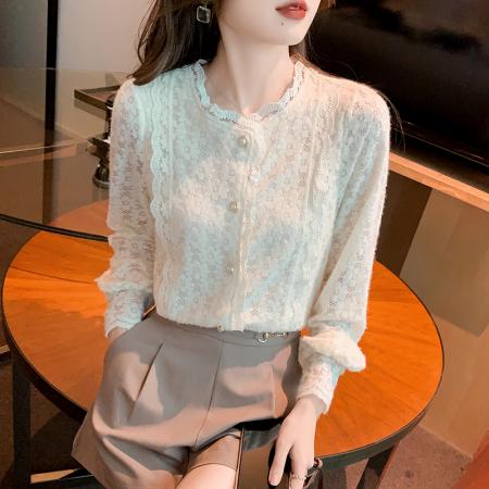 FA51100# 春装新款蕾丝衫花边灯笼袖长袖衬衫洋气打底衫通勤上衣 服裝批發女裝批發服飾貨源