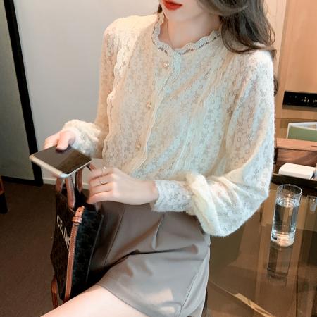 FA51100# 春装新款蕾丝衫花边灯笼袖长袖衬衫洋气打底衫通勤上衣 服裝批發女裝批發服飾貨源