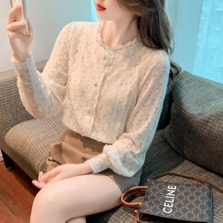 FA51100# 春装新款蕾丝衫花边灯笼袖长袖衬衫洋气打底衫通勤上衣 服裝批發女裝批發服飾貨源