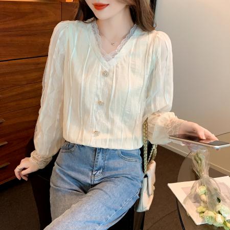 FA51101# 春装法式气质衬衫别致百搭蕾丝上衣小个子设计感小衫 服裝批發女裝批發服飾貨源