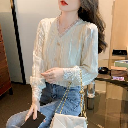 FA51101# 春装法式气质衬衫别致百搭蕾丝上衣小个子设计感小衫 服裝批發女裝批發服飾貨源