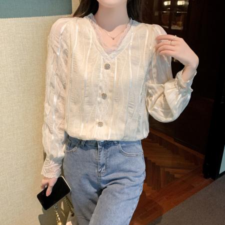 FA51101# 春装法式气质衬衫别致百搭蕾丝上衣小个子设计感小衫 服裝批發女裝批發服飾貨源
