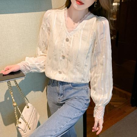FA51101# 春装法式气质衬衫别致百搭蕾丝上衣小个子设计感小衫 服裝批發女裝批發服飾貨源