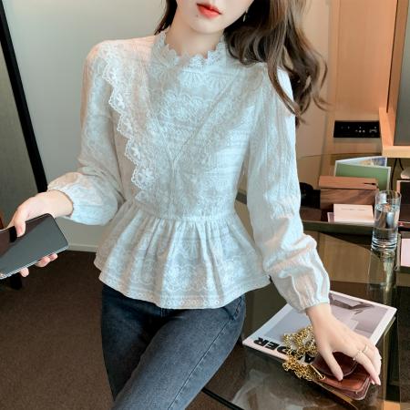 FA51102# 春装荷叶边蕾丝衬衫气质收腰遮屁股上衣女气质长袖小衫 服裝批發女裝批發服飾貨源