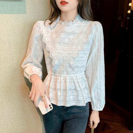 FA51102# 春装荷叶边蕾丝衬衫气质收腰遮屁股上衣女气质长袖小衫 服裝批發女裝批發服飾貨源