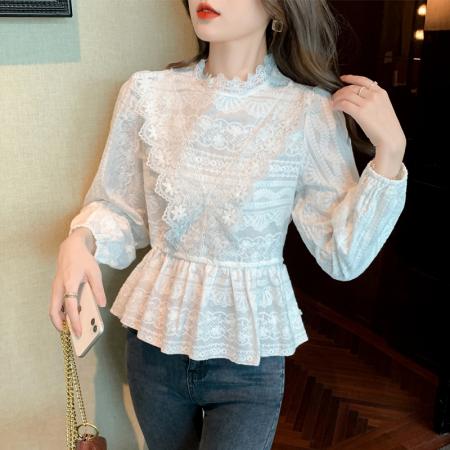 FA51102# 春装荷叶边蕾丝衬衫气质收腰遮屁股上衣女气质长袖小衫 服裝批發女裝批發服飾貨源