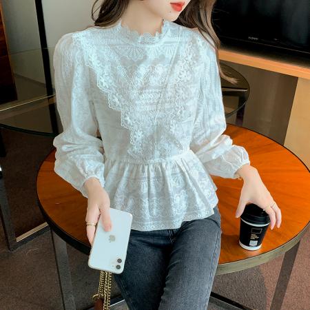FA51102# 春装荷叶边蕾丝衬衫气质收腰遮屁股上衣女气质长袖小衫 服裝批發女裝批發服飾貨源