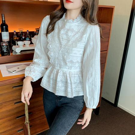 FA51102# 春装荷叶边蕾丝衬衫气质收腰遮屁股上衣女气质长袖小衫 服裝批發女裝批發服飾貨源