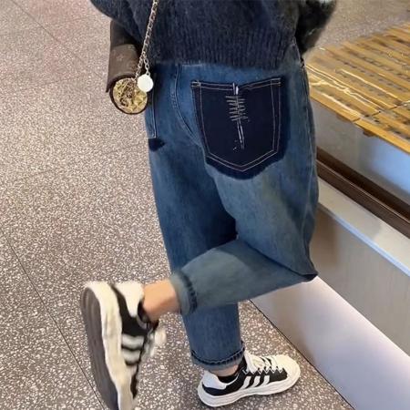 FA51104# 高腰撞色刺绣后袋阔腿牛仔裤女秋新款宽松显瘦直筒拖地长裤子 服裝批發女裝批發服飾貨源