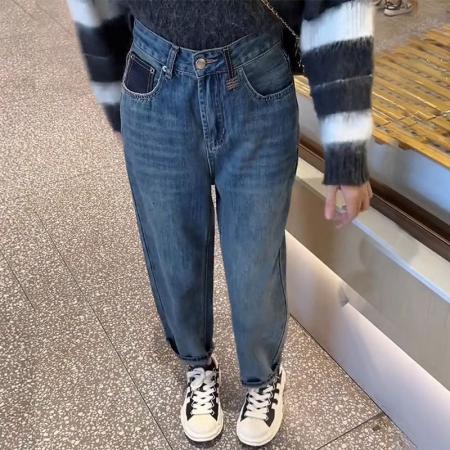 FA51104# 高腰撞色刺绣后袋阔腿牛仔裤女秋新款宽松显瘦直筒拖地长裤子 服裝批發女裝批發服飾貨源