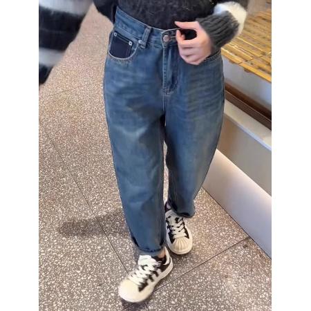 FA51104# 高腰撞色刺绣后袋阔腿牛仔裤女秋新款宽松显瘦直筒拖地长裤子 服裝批發女裝批發服飾貨源