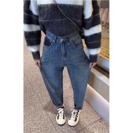 FA51104# 高腰撞色刺绣后袋阔腿牛仔裤女秋新款宽松显瘦直筒拖地长裤子 服裝批發女裝批發服飾貨源