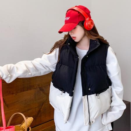 FA51105# 韩国ins新款面包服冬季外套小棉袄拼接羽绒棉衣马甲女韩版 服裝批發女裝批發服飾貨源