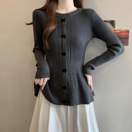 FA51107# 蝴蝶结圆领收腰单排扣长袖针织衫女冬季新款韩版百搭杏色上衣 服裝批發女裝批發服飾貨源