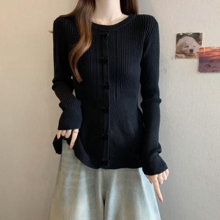 FA51107# 蝴蝶结圆领收腰单排扣长袖针织衫女冬季新款韩版百搭杏色上衣 服裝批發女裝批發服飾貨源