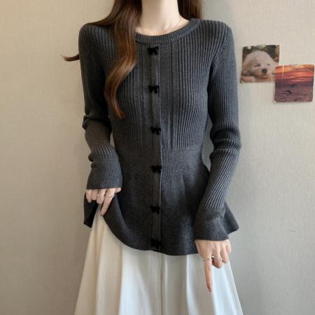 FA51107# 蝴蝶结圆领收腰单排扣长袖针织衫女冬季新款韩版百搭杏色上衣 服裝批發女裝批發服飾貨源