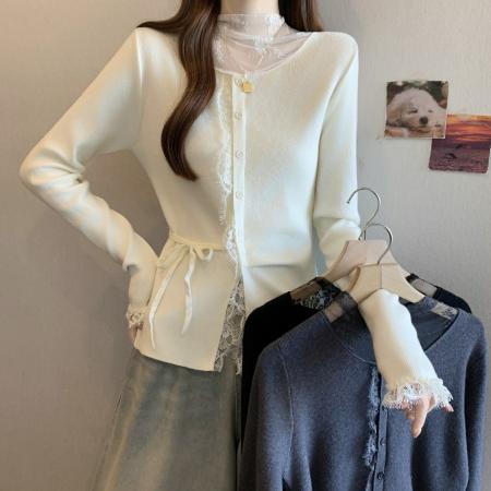 FA51109# 纯欲风不规则蕾丝拼接长袖衬衫女秋季小众褶皱收腰单排扣上衣 服裝批發女裝批發服飾貨源