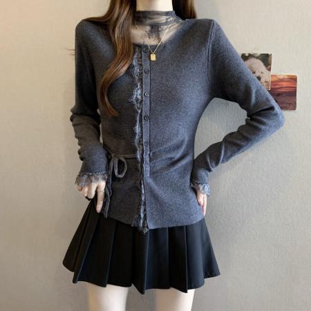 FA51109# 纯欲风不规则蕾丝拼接长袖衬衫女秋季小众褶皱收腰单排扣上衣 服裝批發女裝批發服飾貨源