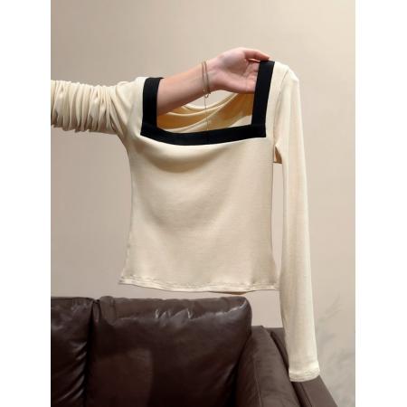 FA51111# 气质温柔风撞色方领长袖打底衫女秋冬新款修身显瘦百搭上衣 服裝批發女裝批發服飾貨源