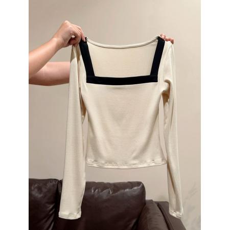 FA51111# 气质温柔风撞色方领长袖打底衫女秋冬新款修身显瘦百搭上衣 服裝批發女裝批發服飾貨源