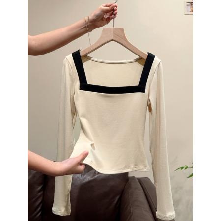 FA51111# 气质温柔风撞色方领长袖打底衫女秋冬新款修身显瘦百搭上衣 服裝批發女裝批發服飾貨源