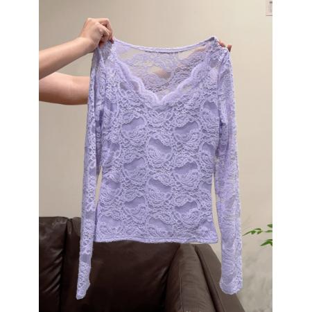 FA51112# 纯欲风蕾丝拼接短款打底衫T恤女秋冬季新款修身显瘦内搭上衣 服裝批發女裝批發服飾貨源