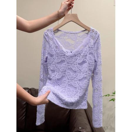 FA51112# 纯欲风蕾丝拼接短款打底衫T恤女秋冬季新款修身显瘦内搭上衣 服裝批發女裝批發服飾貨源