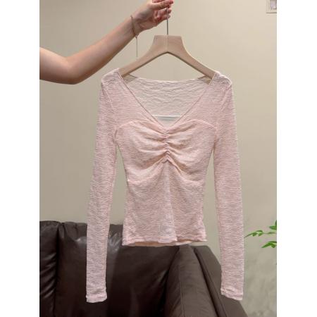 FA51113# 性感辣妹风V领蕾丝拼接打底衫T恤女秋冬新款修身显瘦内搭上衣 服裝批發女裝批發服飾貨源