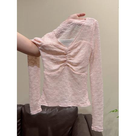 FA51113# 性感辣妹风V领蕾丝拼接打底衫T恤女秋冬新款修身显瘦内搭上衣 服裝批發女裝批發服飾貨源