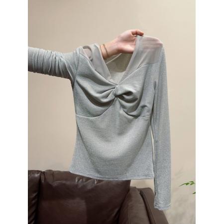 FA51114# 时尚褶皱网纱拼接长袖内搭上衣女秋季新款气质显瘦打底衫T恤 服裝批發女裝批發服飾貨源