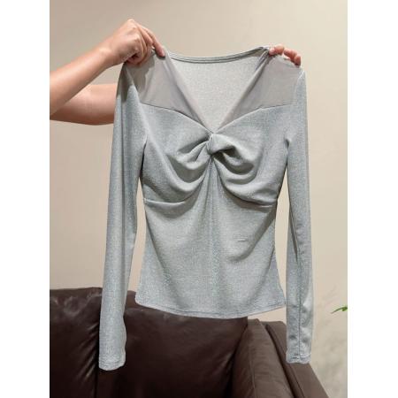 FA51114# 时尚褶皱网纱拼接长袖内搭上衣女秋季新款气质显瘦打底衫T恤 服裝批發女裝批發服飾貨源