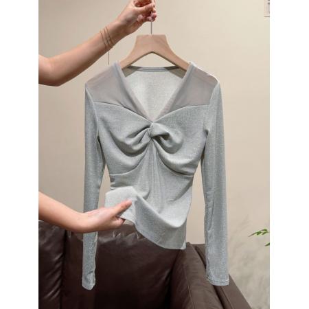 FA51114# 时尚褶皱网纱拼接长袖内搭上衣女秋季新款气质显瘦打底衫T恤 服裝批發女裝批發服飾貨源