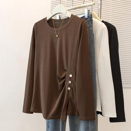 FA51115# 大码女装设计感小众开叉洋气t恤女胖mm简约韩版长袖圆领上衣 服裝批發女裝批發服飾貨源