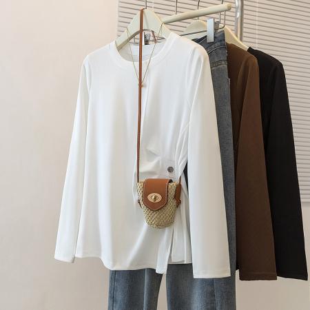 FA51115# 大码女装设计感小众开叉洋气t恤女胖mm简约韩版长袖圆领上衣 服裝批發女裝批發服飾貨源