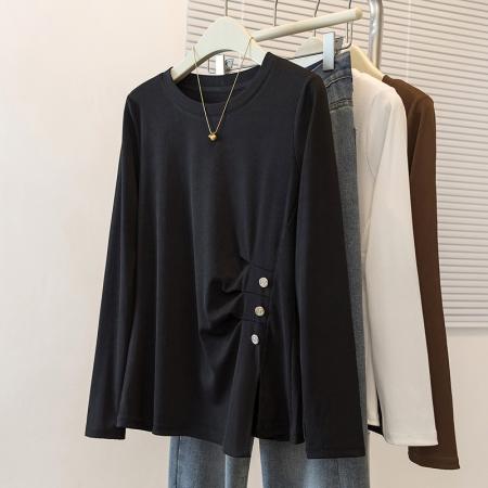 FA51115# 大码女装设计感小众开叉洋气t恤女胖mm简约韩版长袖圆领上衣 服裝批發女裝批發服飾貨源