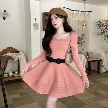 FA51116# 气质法式名媛风短款针织长袖连衣裙修身镂空蓬蓬裙女秋冬新款 服裝批發女裝批發服飾貨源