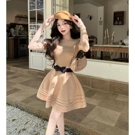 FA51116# 气质法式名媛风短款针织长袖连衣裙修身镂空蓬蓬裙女秋冬新款 服裝批發女裝批發服飾貨源