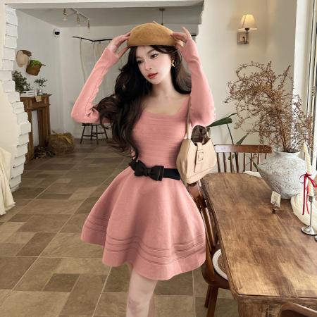 FA51116# 气质法式名媛风短款针织长袖连衣裙修身镂空蓬蓬裙女秋冬新款 服裝批發女裝批發服飾貨源