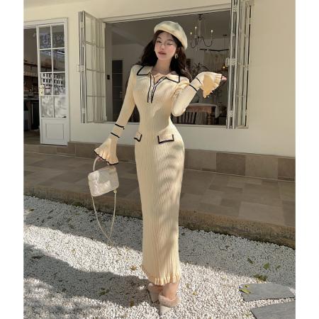 FA51117# 法式轻奢复古荷叶边针织连衣裙女秋冬新翻领撞色修身显瘦过膝长裙 服裝批發女裝批發服飾貨源