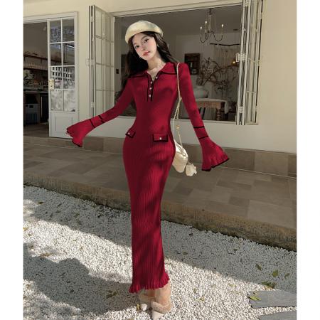 FA51117# 法式轻奢复古荷叶边针织连衣裙女秋冬新翻领撞色修身显瘦过膝长裙 服裝批發女裝批發服飾貨源