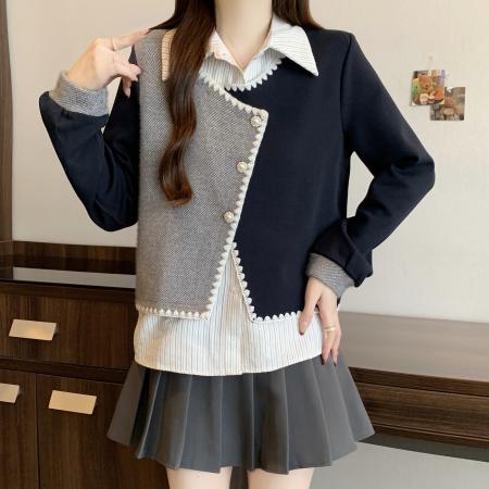 FA51118# 大码学院风高级感假两件撞色拼接卫衣女翻领设计感宽松百搭上衣潮 服裝批發女裝批發服飾貨源