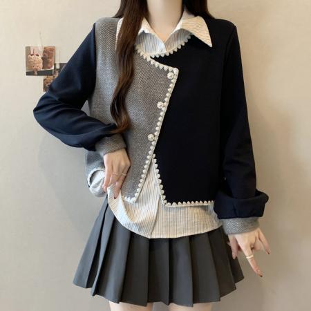 FA51118# 大码学院风高级感假两件撞色拼接卫衣女翻领设计感宽松百搭上衣潮 服裝批發女裝批發服飾貨源