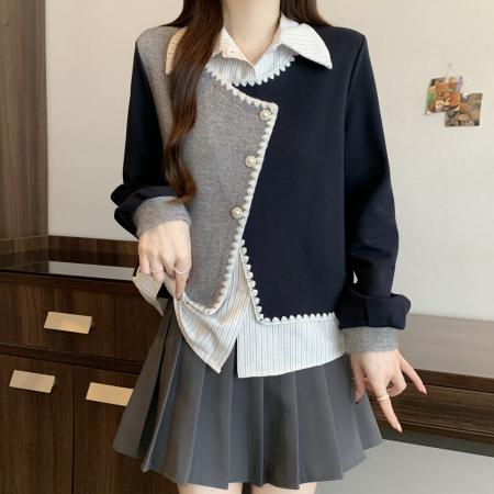 FA51118# 大码学院风高级感假两件撞色拼接卫衣女翻领设计感宽松百搭上衣潮 服裝批發女裝批發服飾貨源