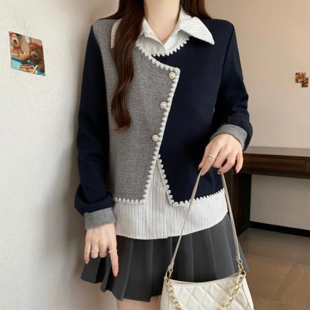 FA51118# 大码学院风高级感假两件撞色拼接卫衣女翻领设计感宽松百搭上衣潮 服裝批發女裝批發服飾貨源