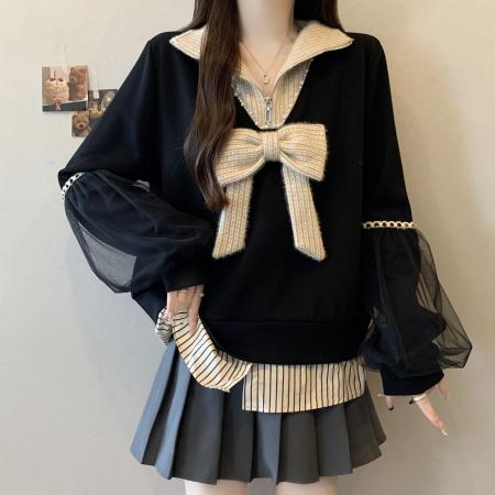 FA51119# 胖mm冬季新款假两件网纱拼接蝴蝶结长袖卫衣女气质减龄上衣 服裝批發女裝批發服飾貨源