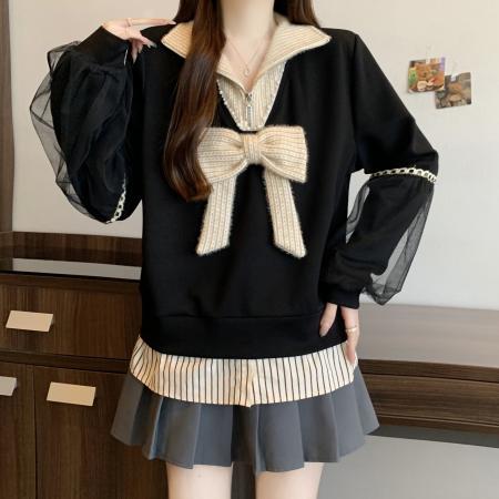 FA51119# 胖mm冬季新款假两件网纱拼接蝴蝶结长袖卫衣女气质减龄上衣 服裝批發女裝批發服飾貨源